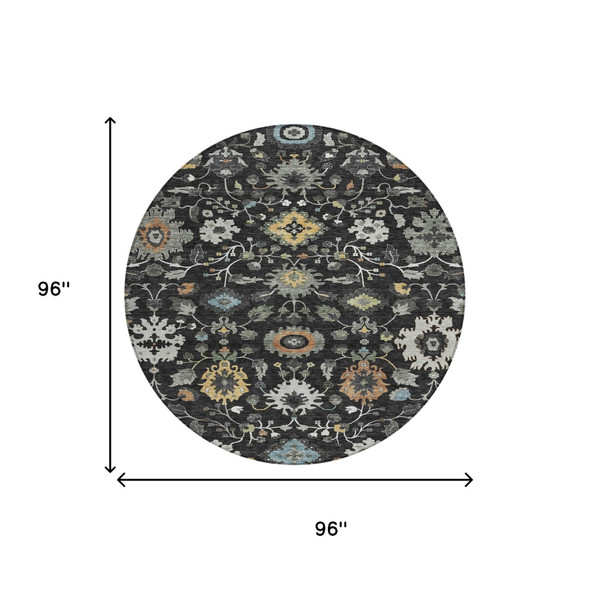 8' Black And Gray Round Floral Medallion Washable Indoor Outdoor Area Rug