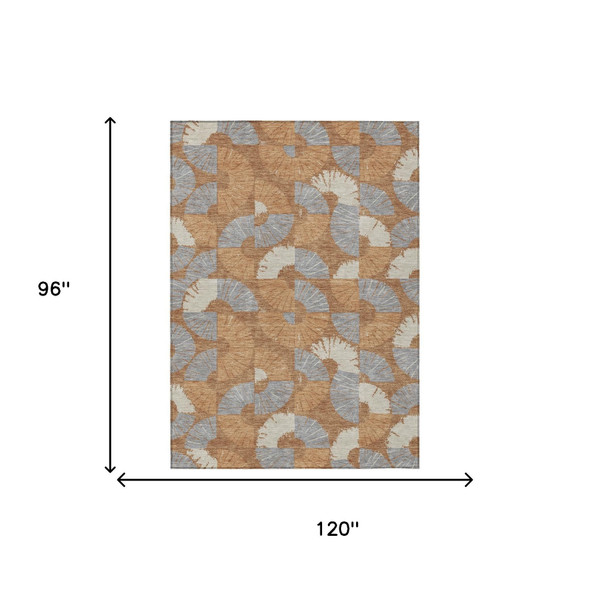 8' X 10' Orange And Copper Geometric Washable Indoor Outdoor Area Rug