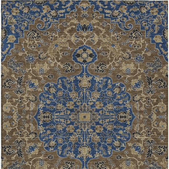 3' X 5' Navy Blue And Brown Floral Medallion Washable Indoor Outdoor Area Rug