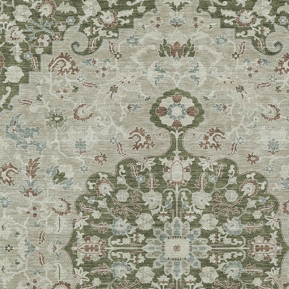 9' X 12' Olive Green And Sage Floral Medallion Washable Indoor Outdoor Area Rug