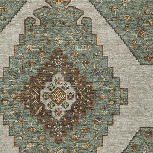 9' X 12' Green And Taupe Geometric Washable Indoor Outdoor Area Rug