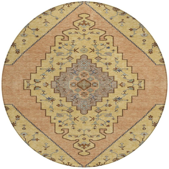 8' Gold And Copper Round Geometric Washable Indoor Outdoor Area Rug