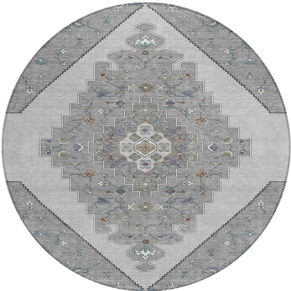 8' Gray And Silver Round Geometric Washable Indoor Outdoor Area Rug