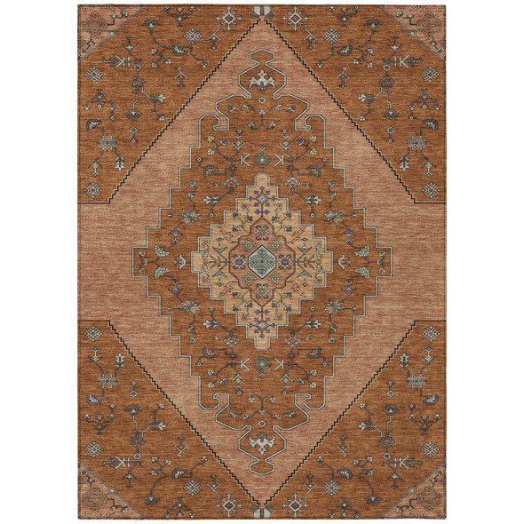 5' X 8' Orange And Copper Geometric Washable Indoor Outdoor Area Rug