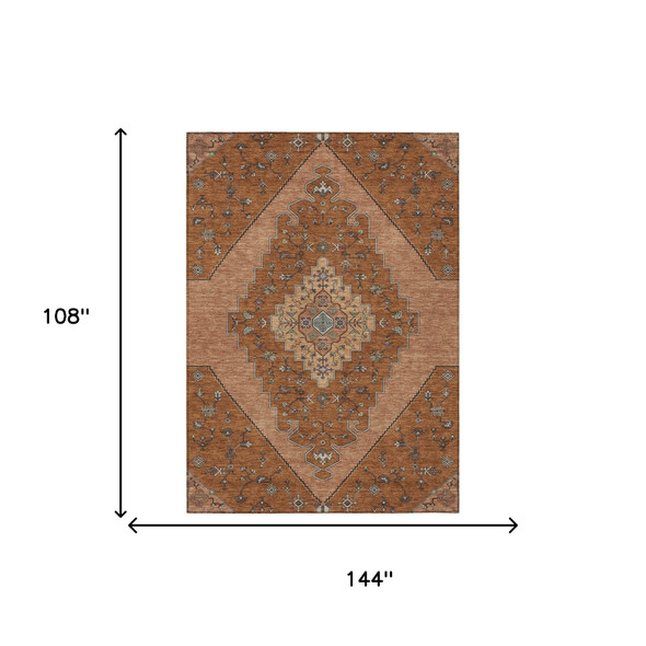 9' X 12' Orange And Copper Geometric Washable Indoor Outdoor Area Rug