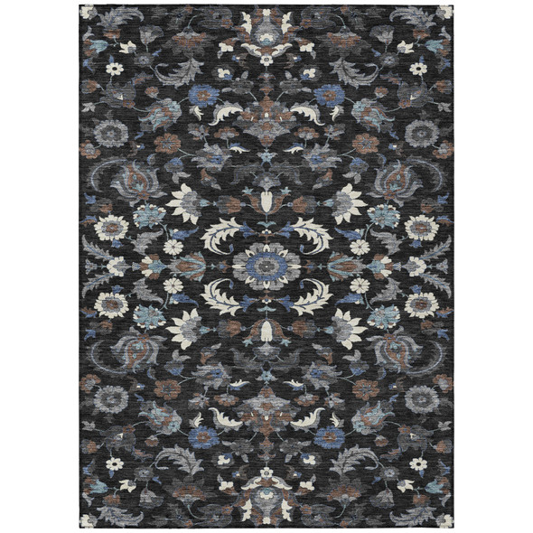 10' X 14' Black And Charcoal Floral Medallion Washable Indoor Outdoor Area Rug
