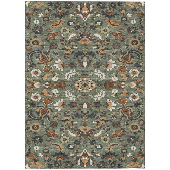 9' X 12' Green And Charcoal Floral Medallion Washable Indoor Outdoor Area Rug