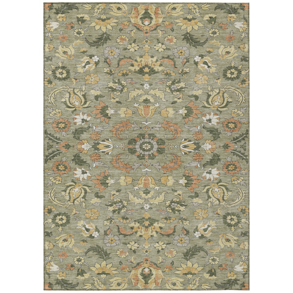 5' X 8' Sage And Olive Green Floral Medallion Washable Indoor Outdoor Area Rug