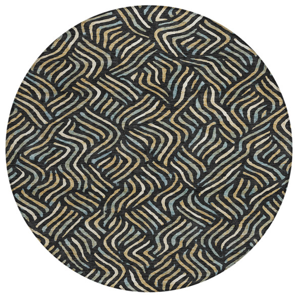 8' Black And Beige Round Abstract Washable Indoor Outdoor Area Rug