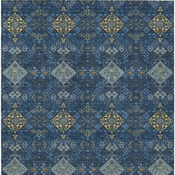 9' X 12' Navy Blue And Gold Geometric Washable Indoor Outdoor Area Rug