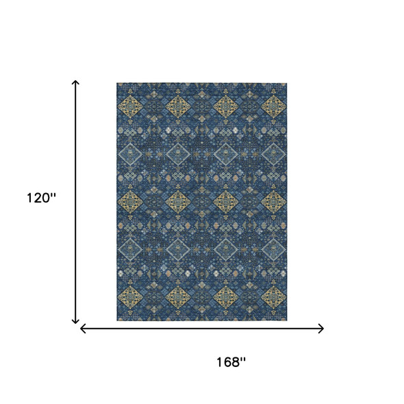 10' X 14' Navy Blue And Gold Geometric Washable Indoor Outdoor Area Rug