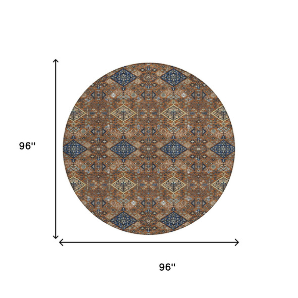 8' Orange And Navy Blue Round Geometric Washable Indoor Outdoor Area Rug