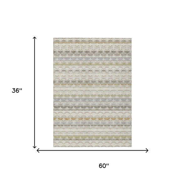 3' X 5' Ivory And Beige Damask Washable Indoor Outdoor Area Rug
