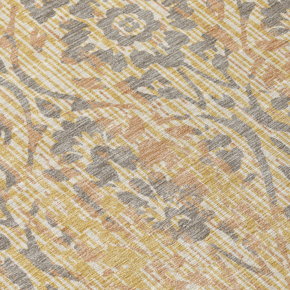 9' X 12' Gold And Brown Damask Washable Indoor Outdoor Area Rug
