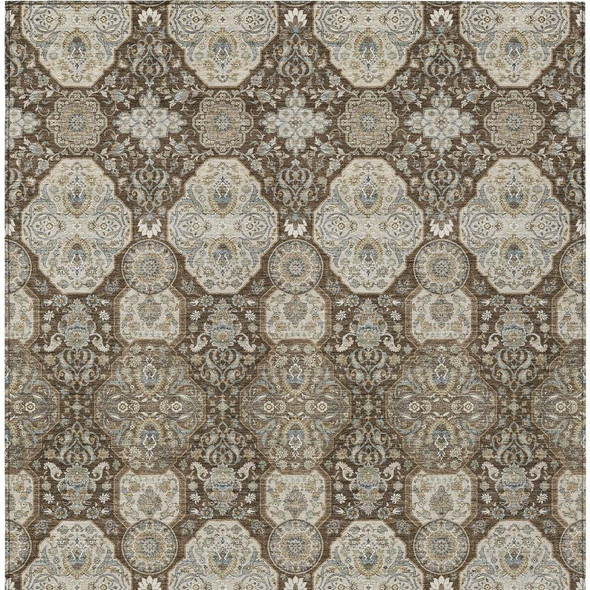 9' X 12' Chocolate And Brown Floral Washable Indoor Outdoor Area Rug