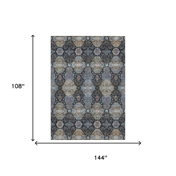 9' X 12' Black And Blue Floral Washable Indoor Outdoor Area Rug