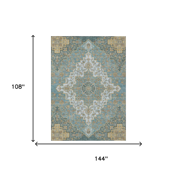 9' X 12' Teal Blue And Sky Blue Medallion Washable Indoor Outdoor Area Rug