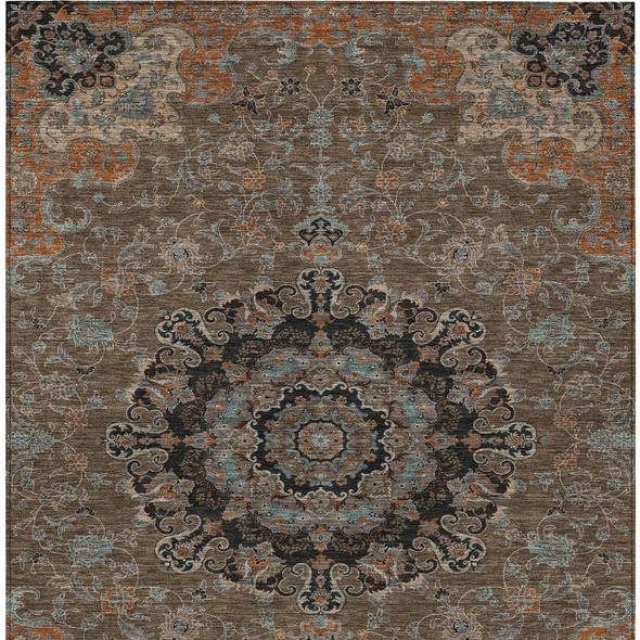 9' X 12' Chocolate And Black Floral Medallion Washable Indoor Outdoor Area Rug