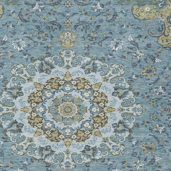 8' X 10' Teal Blue And Gold Floral Medallion Washable Indoor Outdoor Area Rug