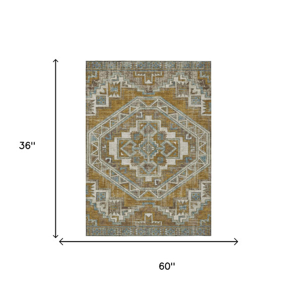 3' X 5' Walnut And Gold Southwestern Washable Indoor Outdoor Area Rug
