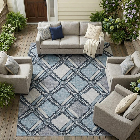 8' X 10' Sky Blue And Blue Geometric Washable Indoor Outdoor Area Rug