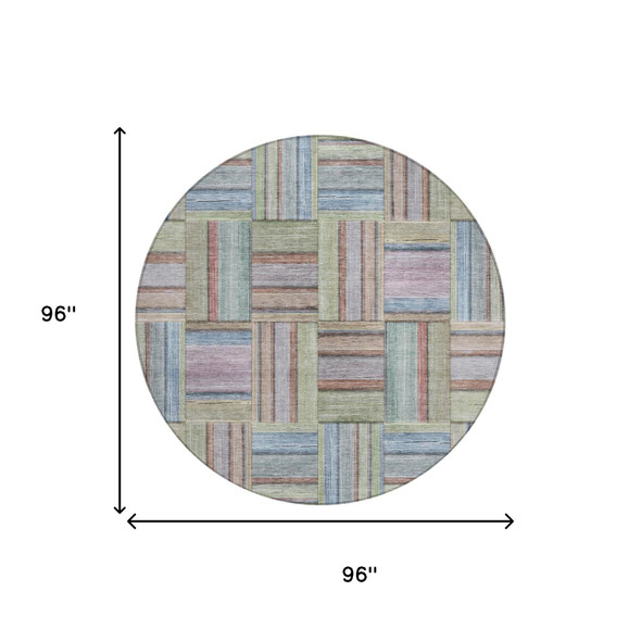 8' Green And Beige Round Geometric Washable Indoor Outdoor Area Rug