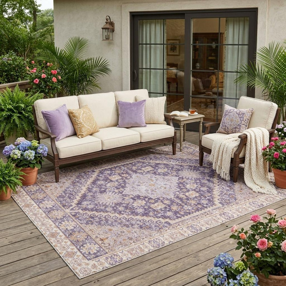 5' X 8' Purple And Blush Oriental Washable Indoor Outdoor Area Rug