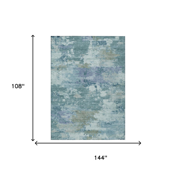 9' X 12' Teal Blue And Silver Abstract Washable Indoor Outdoor Area Rug