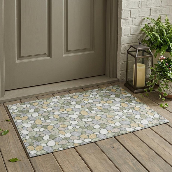 3' X 5' Green And Ivory Geometric Washable Indoor Outdoor Area Rug