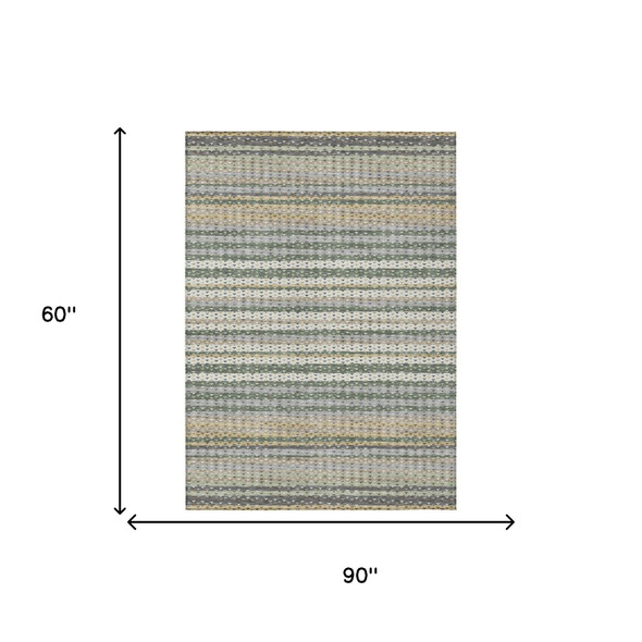 5' X 8' Green And Beige Striped Washable Indoor Outdoor Area Rug