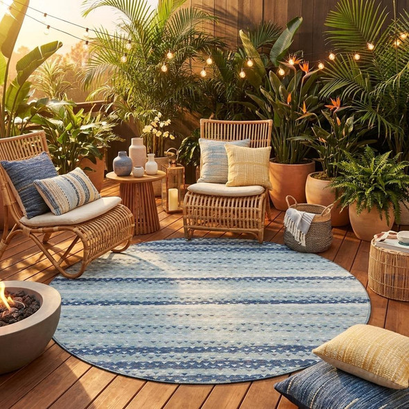 8' Blue And Ivory Round Striped Washable Indoor Outdoor Area Rug