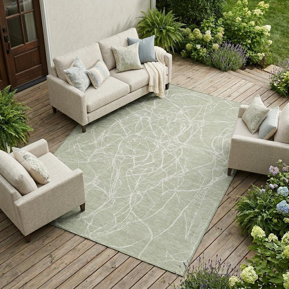 9' X 12' Green And Ivory Abstract Washable Indoor Outdoor Area Rug