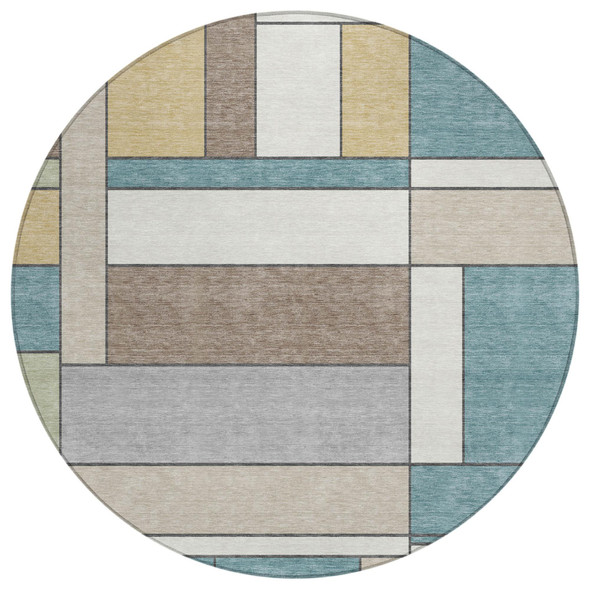 8' Teal Blue And Beige Round Geometric Washable Indoor Outdoor Area Rug