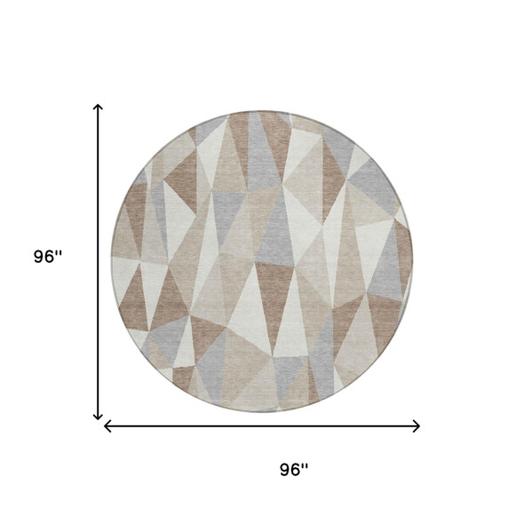8' Ivory And Silver Round Geometric Washable Indoor Outdoor Area Rug
