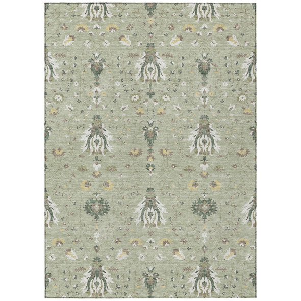 10' X 14' Green And Beige Oriental Washable Indoor Outdoor Area Rug