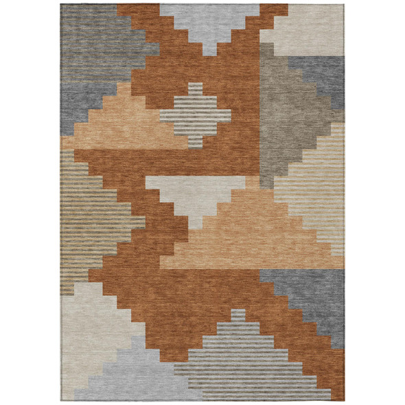 10' X 14' Orange And Silver Geometric Washable Indoor Outdoor Area Rug