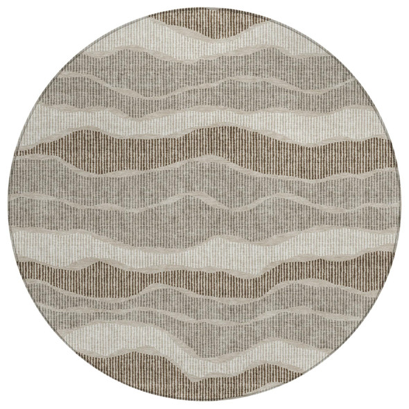 8' Beige And Brown Round Striped Washable Indoor Outdoor Area Rug