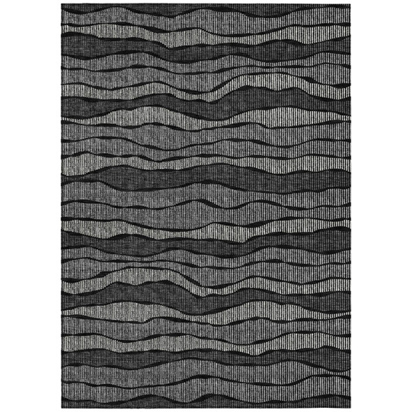 10' X 14' Black And Graphite Striped Washable Indoor Outdoor Area Rug