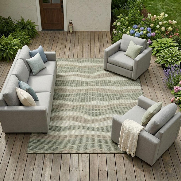 8' X 10' Green And Beige Striped Washable Indoor Outdoor Area Rug