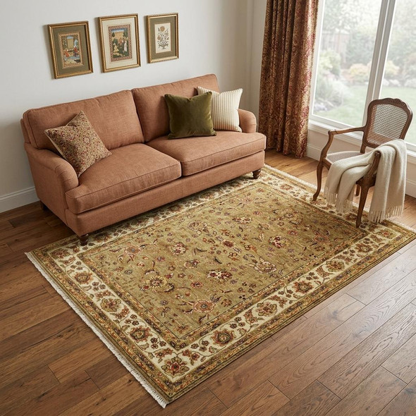 5' X 8' Gold Ivory And Red Wool Oriental Hand Knotted Area Rug With Fringe