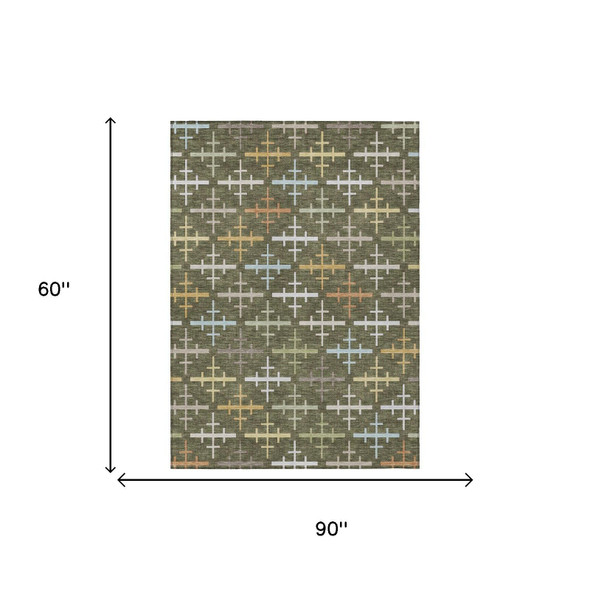 5' X 8' Olive Green And Green Geometric Washable Indoor Outdoor Area Rug