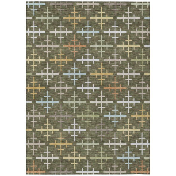9' X 12' Olive Green And Green Geometric Washable Indoor Outdoor Area Rug