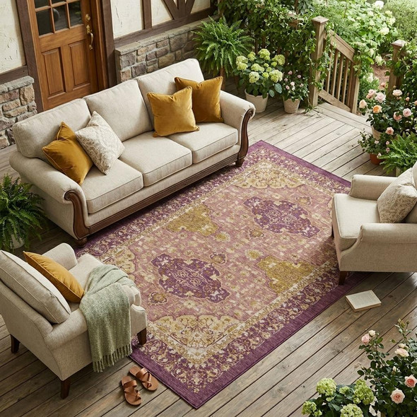 10' X 14' Eggplant And Purple Oriental Washable Indoor Outdoor Area Rug