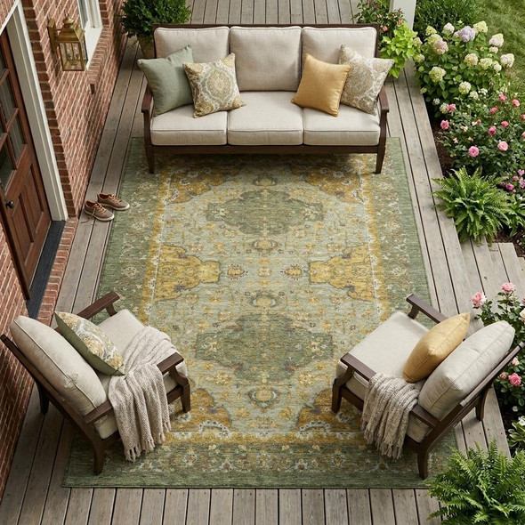 10' X 14' Olive Green And Green Oriental Washable Indoor Outdoor Area Rug