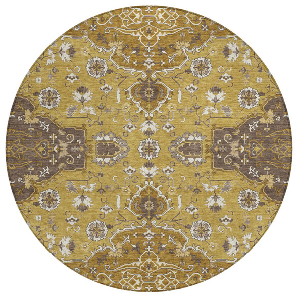8' Walnut And Gold Round Oriental Washable Indoor Outdoor Area Rug