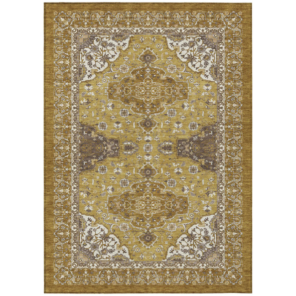 9' X 12' Walnut And Gold Oriental Washable Indoor Outdoor Area Rug
