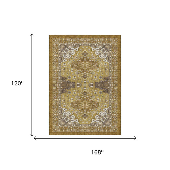 10' X 14' Walnut And Gold Oriental Washable Indoor Outdoor Area Rug