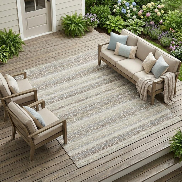 8' X 10' Beige And Brown Striped Washable Indoor Outdoor Area Rug