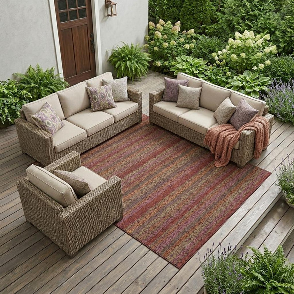 9' X 12' Burgundy And Red Striped Washable Indoor Outdoor Area Rug