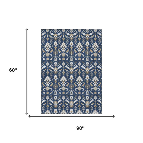 5' X 8' Navy Blue And Blue Oriental Washable Indoor Outdoor Area Rug
